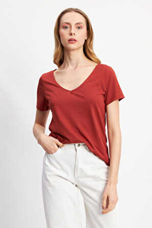 Tarçın V Yaka Kısa Kollu Basic T-shirt