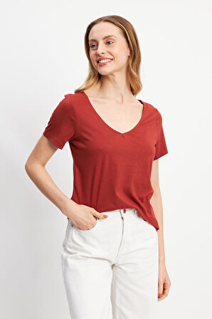 Tarçın V Yaka Kısa Kollu Basic T-shirt