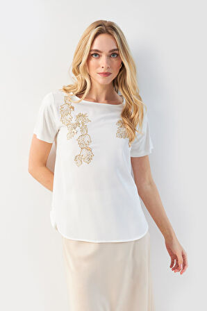 Ekru Yuvarlak Yaka Kısa Kollu Ön Altın Yaprak Desenli Bluz
