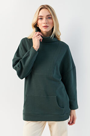 Kapalı Yaka Uzun Kollu Cepli Yeşil Sweatshirt