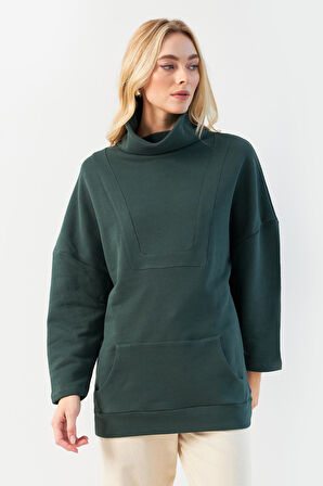 Kapalı Yaka Uzun Kollu Cepli Yeşil Sweatshirt