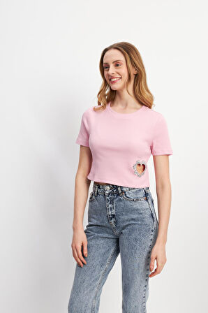 Yanı Parlak Taş Şekilli Crop  T-shirt