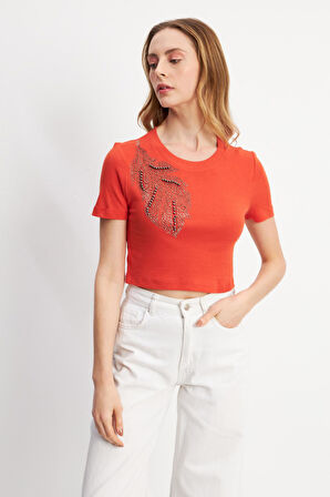 Taşlı Yaprak Desenli Turuncu Crop