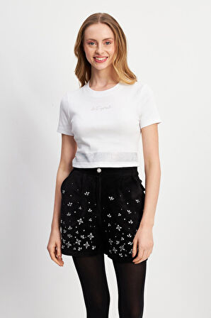 Let Yours Yazılı Taşlı Beyaz Crop T-shirt