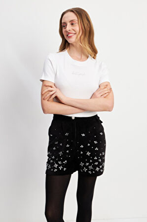 Let Yours Yazılı Taşlı Beyaz Crop T-shirt