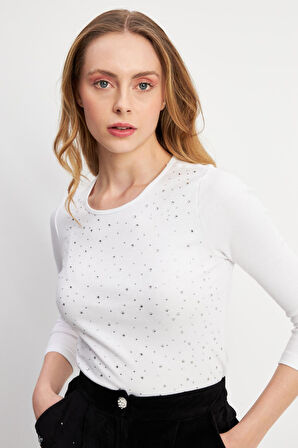 Uzun Kollu Küçük Taş Detaylı Yuvarlak Yaka Bluz