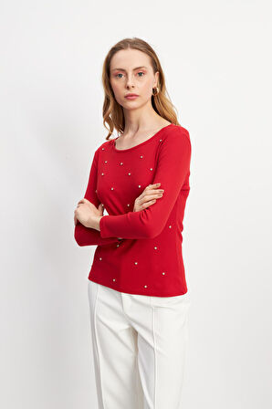 Beyaz Boncuklu Uzun Kollu Yuvarlak Yaka Kırmızı Bluz