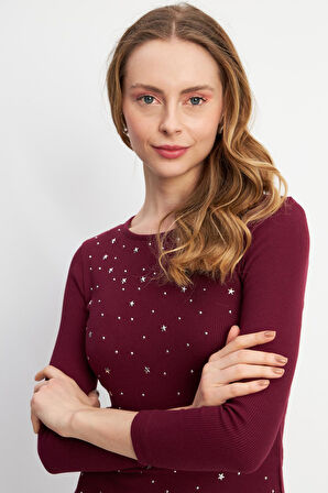 Beyaz Boncuklu Uzun Kollu Yuvarlak Yaka Bordo Bluz