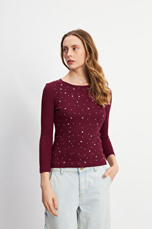 Beyaz Boncuklu Uzun Kollu Yuvarlak Yaka Bordo Bluz