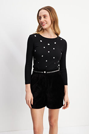 Boncuk Desenli Uzun Kollu Yuvarlak Yaka Bluz