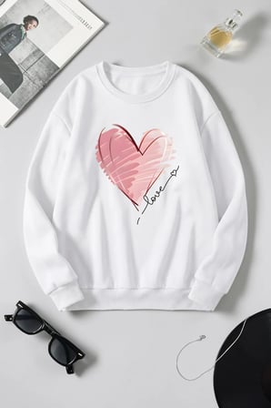 Unisex Kalp Baskılı Bisiklet Yaka Sweatshirt