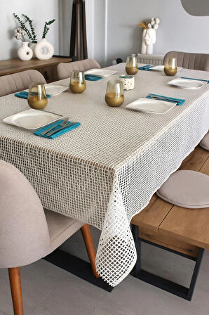 Şeffaf Hasır Lüx Pvc Kaplamalı Silinebilir Masa Örtüsü Su Geçirmez Muşamba Sofra Bezi Kare desenli.