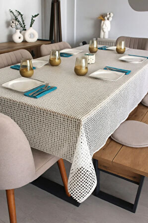 Şeffaf Hasır Lüx Pvc Kaplamalı Silinebilir Masa Örtüsü Su Geçirmez Muşamba Sofra Bezi Kare desenli.