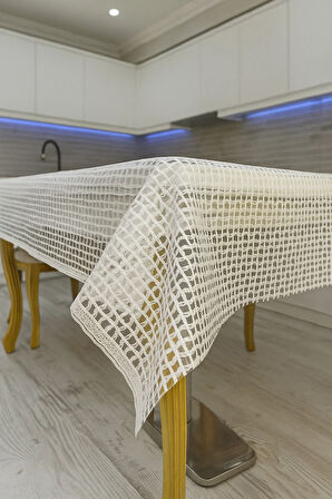 Şeffaf Hasır Lüx Pvc Kaplamalı Silinebilir Masa Örtüsü Su Geçirmez Muşamba Sofra Bezi Kare desenli.