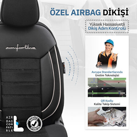 Otom Comfortline Design Airbag Dikişli Premium Oto Koltuk Kılıfı Tam Set Beyaz-Siyah