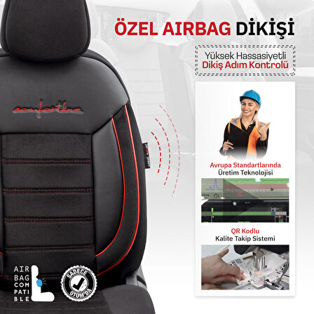 Otom Comfortline Design Airbag Dikişli Premium Oto Koltuk Kılıfı Tam Set Siyah-Kırmızı