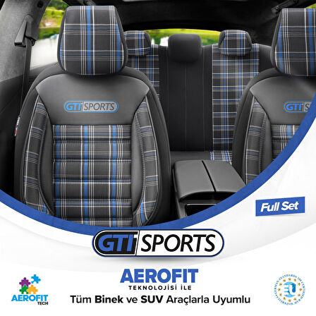 Otom Gti Sports Design Airbag Dikişli Ortopedik Oto Koltuk Kılıfı Tam Set Mavi-Siyah