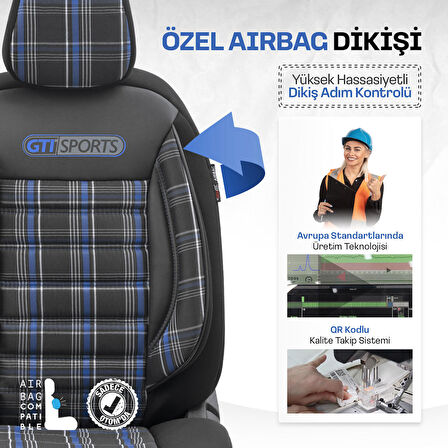 Otom Gti Sports Design Airbag Dikişli Ortopedik Oto Koltuk Kılıfı Tam Set Mavi-Siyah