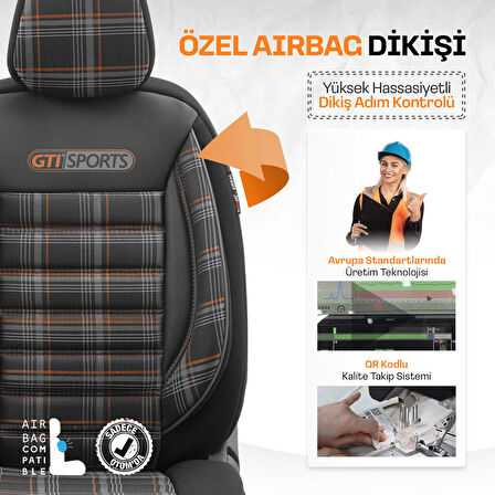 Otom Gti Sports Design Airbag Dikişli Ortopedik Oto Koltuk Kılıfı Tam Set Turuncu -Siyah
