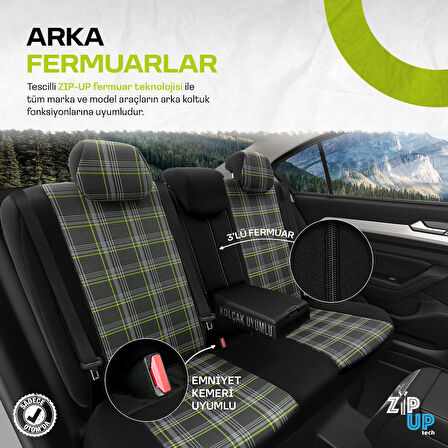 Otom Gti Sports Design Airbag Dikişli Ortopedik Oto Koltuk Kılıfı Tam Set Yeşil-Siyah