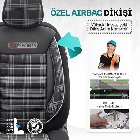 Otom Gti Sports Design Airbag Dikişli Ortopedik Oto Koltuk Kılıfı Tam Set Beyaz-Siyah