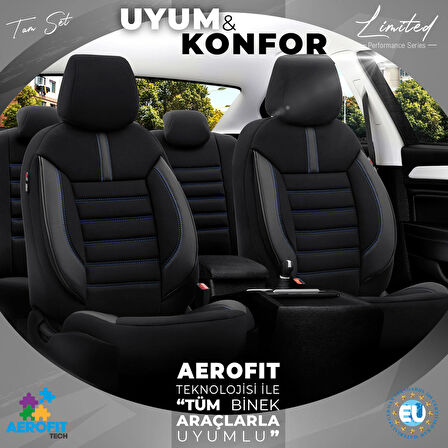 Otom Limited Design Airbag Dikişli Ortopedik Oto Koltuk Kılıfı Tam Set Siyah-Mavi