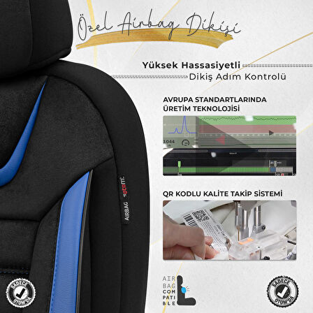 Otom Iconic Design Airbag Dikişli Ortopedik Oto Koltuk Kılıfı Tam Set Siyah-Mavi