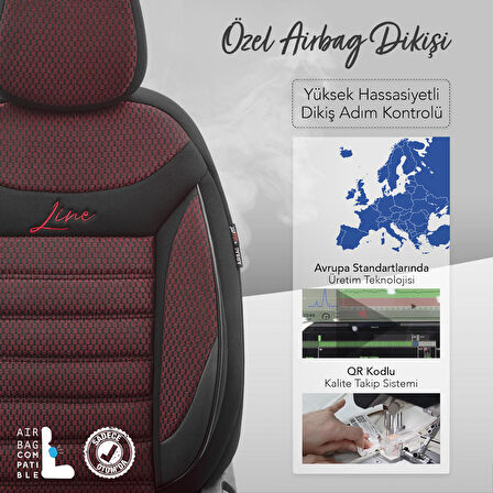 Otom Line Design Airbag Dikişli Ortopedik Oto Koltuk Kılıfı Tam Set Siyah-Bordo