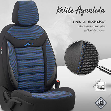 Otom Line Design Airbag Dikişli Ortopedik Oto Koltuk Kılıfı Tam Set Siyah-Mavi