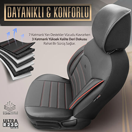 Inspire Design Premium Deri Ekstra Destekli Universal Oto Koltuk Kılıfı Tam Set Kırmızı-Siyah