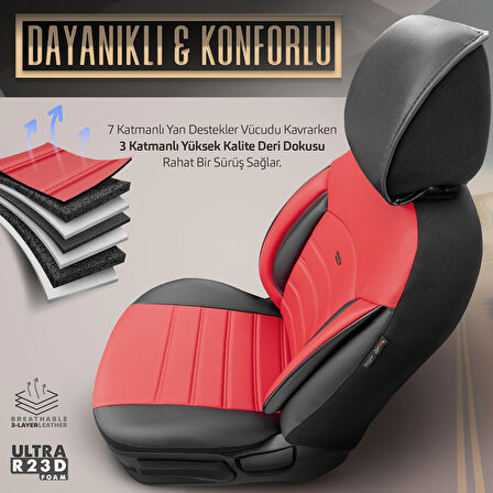 Inspire Design Premium Deri Ekstra Destekli Universal Oto Koltuk Kılıfı Tam Set Kırmızı