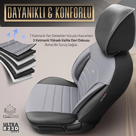 Inspire Design Premium Deri Ekstra Destekli Universal Oto Koltuk Kılıfı Tam Set Gri-Siyah