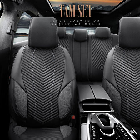 Advanced Design Özel Tasarım Premium Deri-Keten Ekstra Destekli Universal Oto Koltuk Kılıfı Tam Set Füme