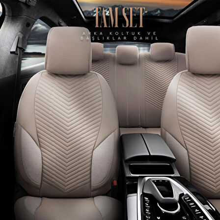 Advanced Design Özel Tasarım Premium Deri-Keten Ekstra Destekli Universal Oto Koltuk Kılıfı Tam Set Bej