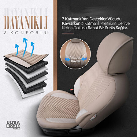 Advanced Design Özel Tasarım Premium Deri-Keten Ekstra Destekli Universal Oto Koltuk Kılıfı Tam Set Bej