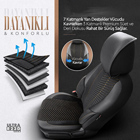 Advanced Design Özel Tasarım Premium Süet-Deri Ekstra Destekli Universal Oto Koltuk Kılıfı Tam Set Siyah-Taba