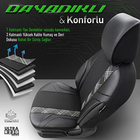 Horizon Design Yüksek Kalite Deri-kumaş Özel Tasarım Universal Oto Koltuk Kılıfı Tam Set Yeşil