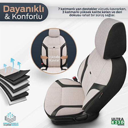 Swan Design Yüksek Kalite Keten Noktalı Deri Detaylı Ekstra Destekli Universal Oto Koltuk Kılıfı Bej