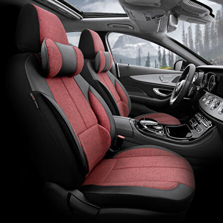 Voyager Design Boyun ve Bel Destekli Premium Deri-Keten Ultra Konforlu Universal Oto Koltuk Kılıfı Tam Set Kırmızı