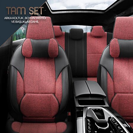 Voyager Design Boyun ve Bel Destekli Premium Deri-Keten Ultra Konforlu Universal Oto Koltuk Kılıfı Tam Set Kırmızı