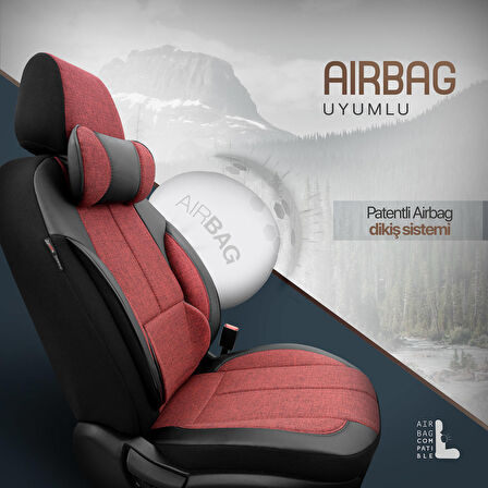 Voyager Design Boyun ve Bel Destekli Premium Deri-Keten Ultra Konforlu Universal Oto Koltuk Kılıfı Tam Set Kırmızı