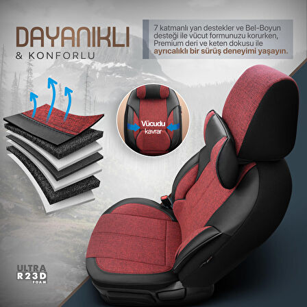 Voyager Design Boyun ve Bel Destekli Premium Deri-Keten Ultra Konforlu Universal Oto Koltuk Kılıfı Tam Set Kırmızı