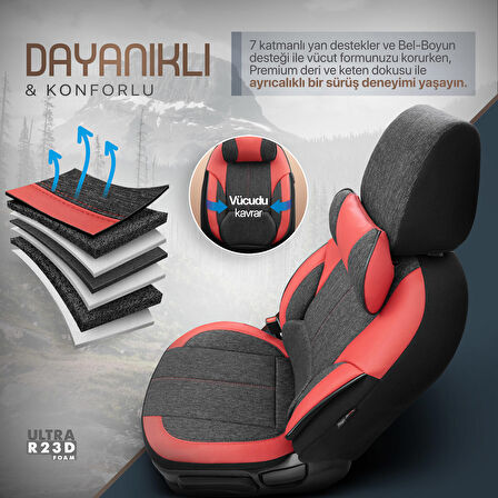 Voyager Design Boyun ve Bel Destekli Premium Deri-Keten Ultra Konforlu Universal Oto Koltuk Kılıfı Tam Set Kırmızı-Siyah