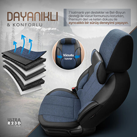 Voyager Design Boyun ve Bel Destekli Premium Deri-Keten Ultra Konforlu Universal Oto Koltuk Kılıfı Tam Set Mavi