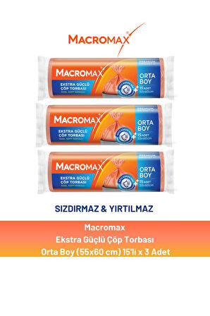 Macromax Ekstra Güçlü Çöp Torbası Orta Boy 15'li x 3 Adet