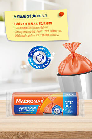 Macromax Ekstra Güçlü Çöp Torbası Orta Boy 15'li x 3 Adet