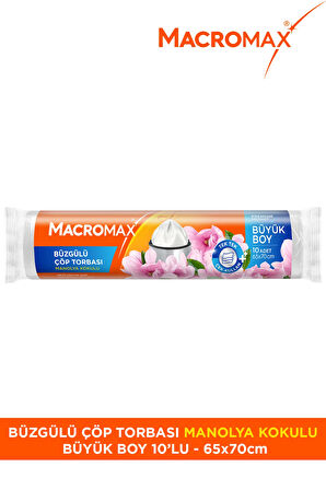 Macromax Büzgülü Çöp Torbası Büyük Boy (65x70cm) Manolya Kokulu 10 Adet Süper Ekonomik Paket