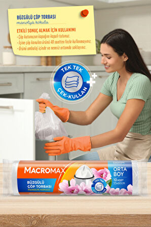 Macromax Büzgülü Çöp Torbası Orta Boy (55x60cm) Manolya Kokulu 10 Adet 