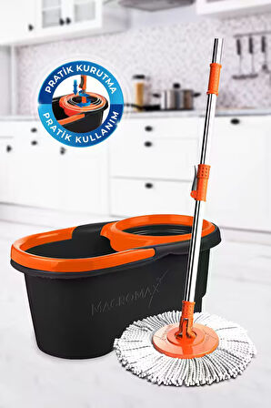 Focus Black Otomatik Temizlik Seti, Pedalsız Döner Sıkmalı 360 Başlıklı Mikrofiber Paspas