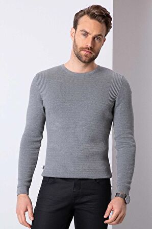 Erkek Gri Melanj Slim Fit Triko Kazak